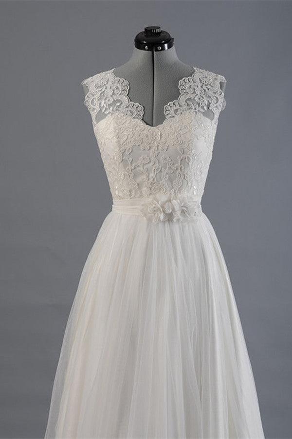 Elegant V-neck Sweep Train White Open Back Lace Wedding Dress TN0009 - Tirdress
