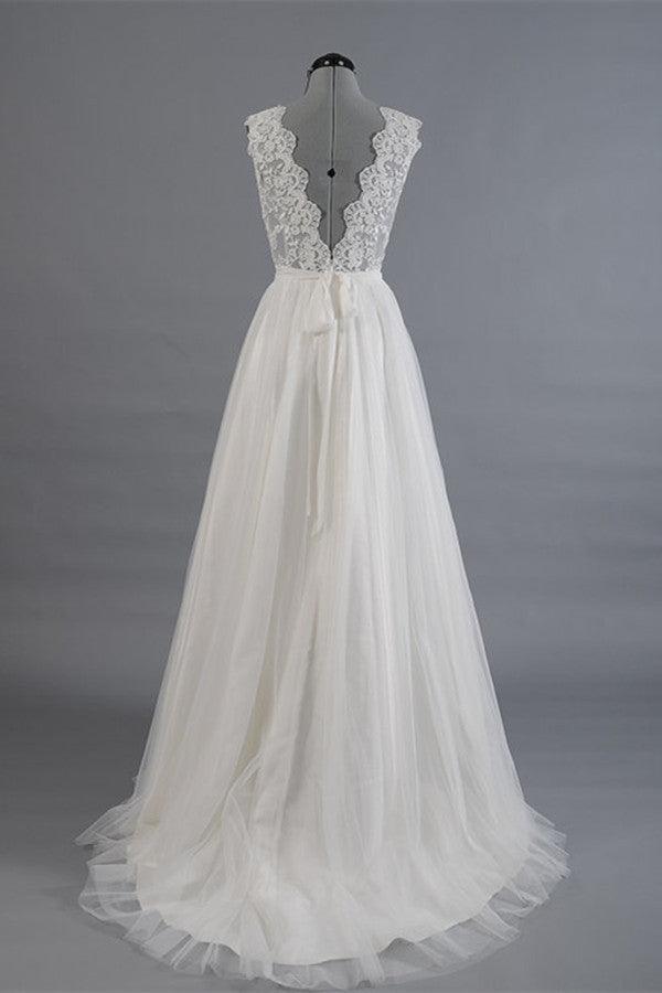 Elegant V-neck Sweep Train White Open Back Lace Wedding Dress TN0009 - Tirdress