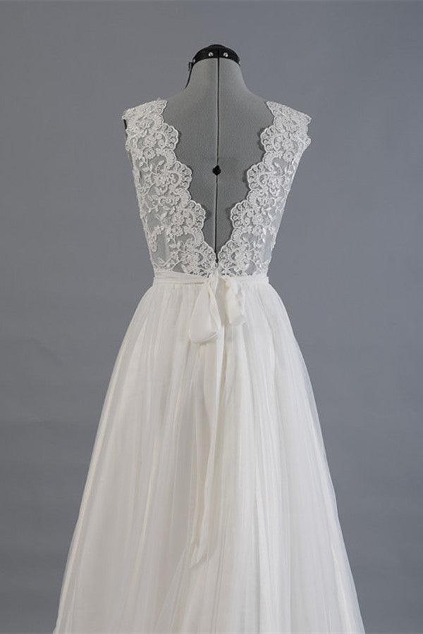 Elegant V-neck Sweep Train White Open Back Lace Wedding Dress TN0009 - Tirdress