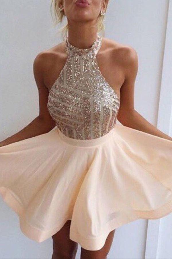 Fancy Halter Open Back Short Homecoming Dress With Beading TR0051 - Tirdress