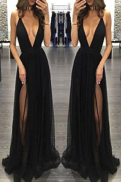 Fashion Sexy Deep V-Neck Halter Tie Back Side Slit Prom Dresses As Picture / US0 Fashion Sexy Deep V-Neck Halter Tie Back Side Slit Prom Dresses As Picture / US0