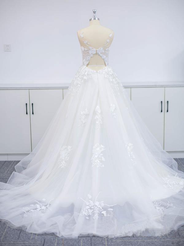 Floral Applique A-line Beach Wedding Dresses Backless Wedding Gown TN227 - Tirdress