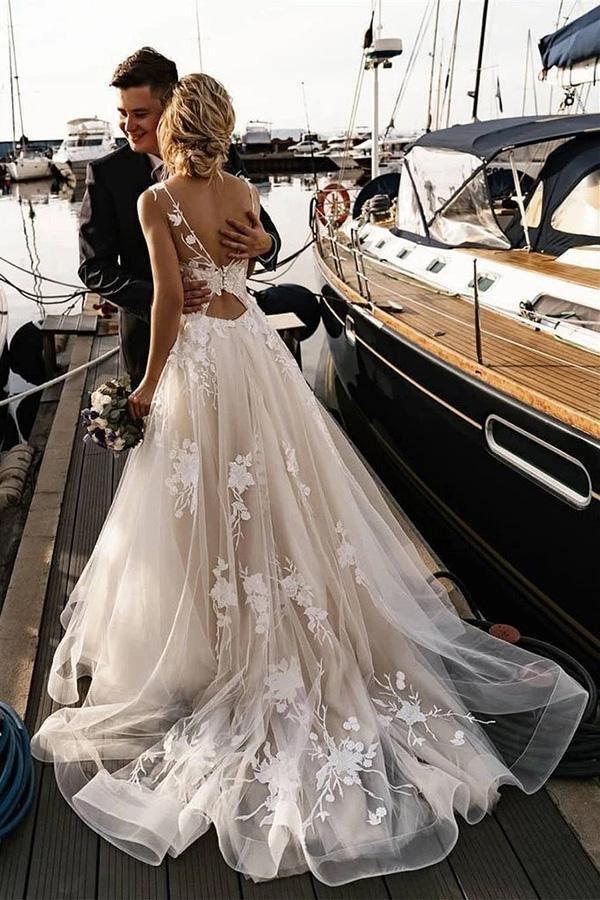 Floral Applique A-line Beach Wedding Dresses Backless Wedding Gown TN227 - Tirdress