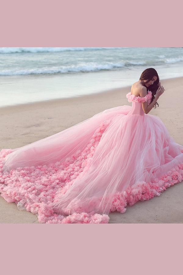 Glamorous Off-the-shoulder Ball Gown Pink Wedding Dress With Flower TN0028 - Tirdress