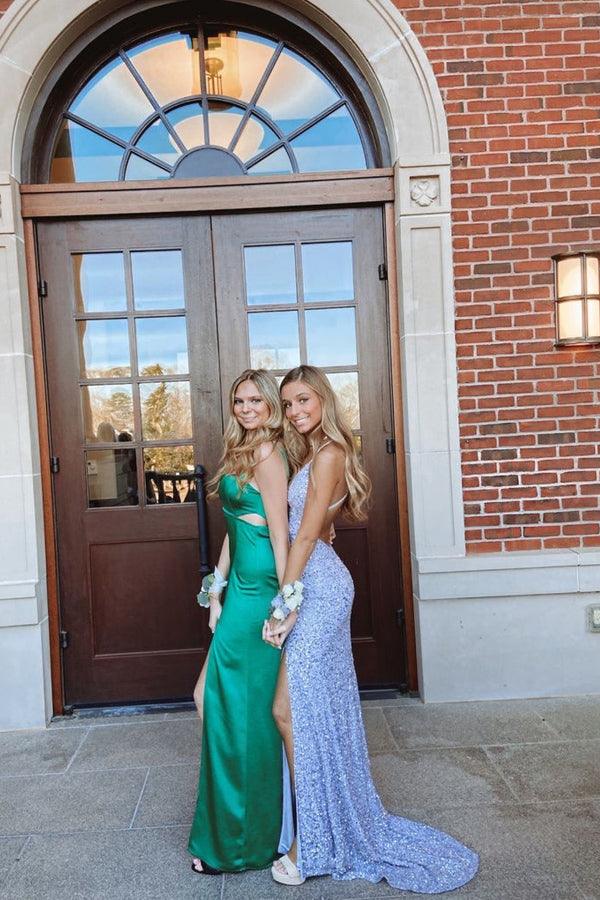 Glitter Mermaid V Neck Cross Back Blue Sequin Prom Dresses with Slit TP1099 - Tirdress