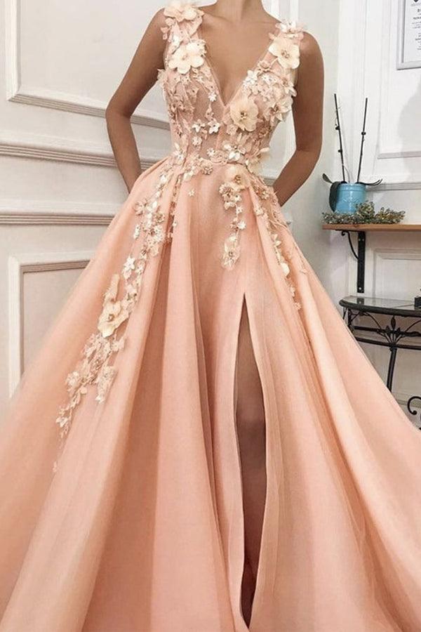 V Neck Pink Tulle Lace Applique Long Prom Dress, Pink Lace Floral