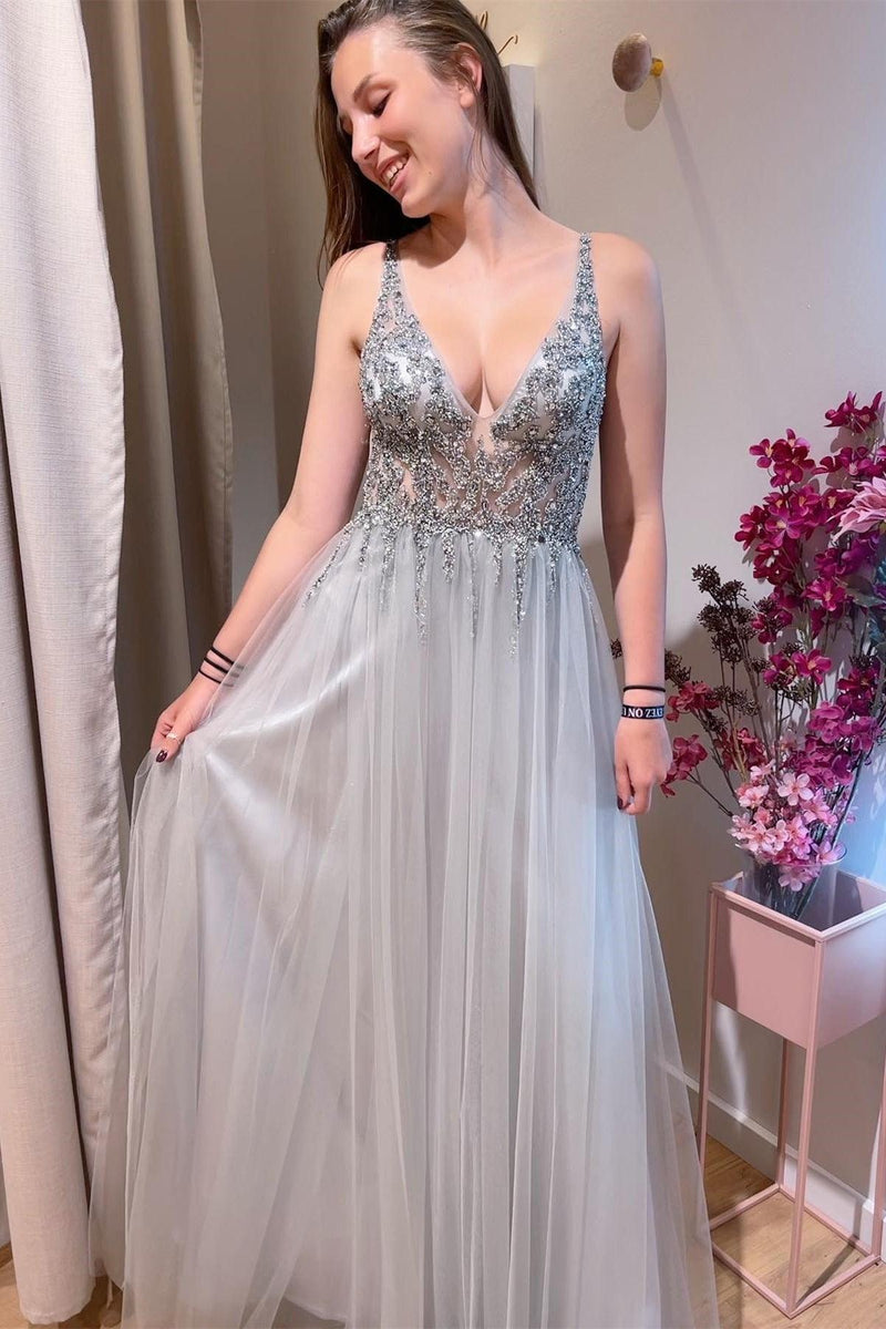 Grey Beaded Plunge A-line Deep V Neck Long Formal Prom Dress TP1145 - Tirdress