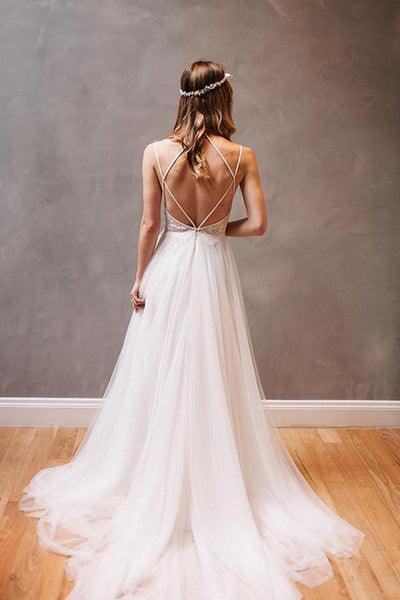 Halter Sweep Train Criss-Cross Straps Wedding Dress With Beading Lace US6 / Custom Color