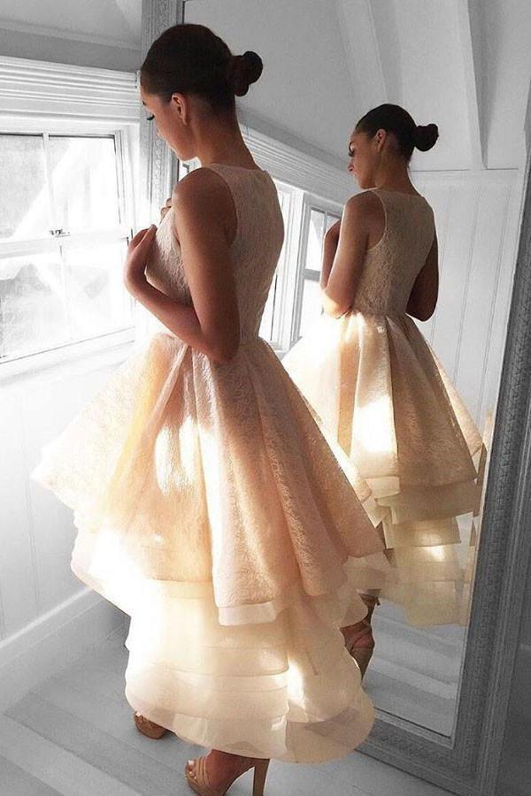 High Low Peach Lace Short Homecoming Dress Party Dresses PG142 - Tirdress