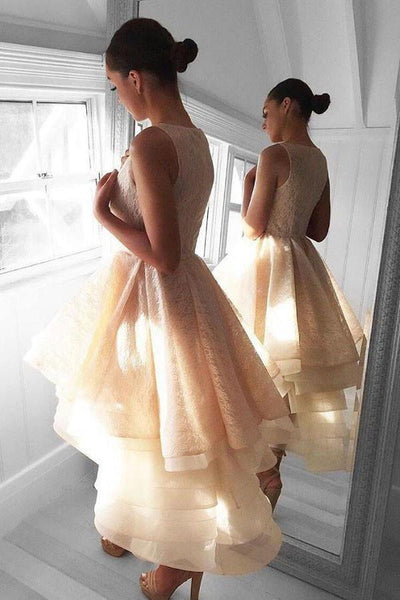 High Low Peach Lace Short Homecoming Dress Party Dresses Tirdress