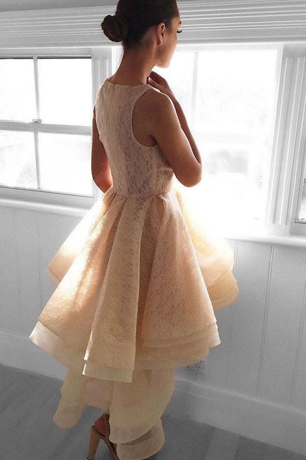 High Low Peach Lace Short Homecoming Dress Party Dresses PG142 - Tirdress