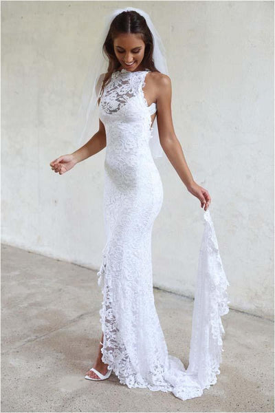 High Neckline Lace Backless Mermaid Wedding Dresses With Court