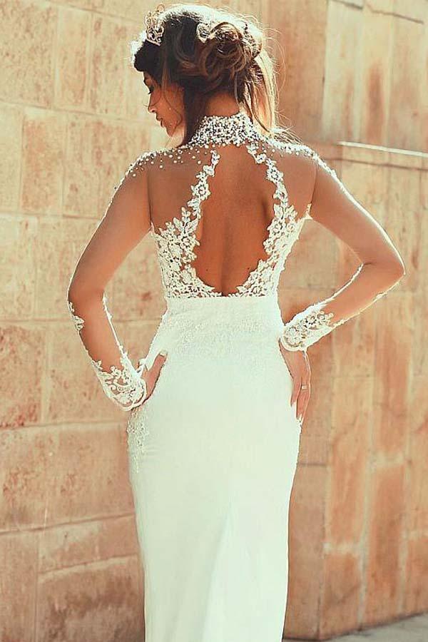 High Neckline Sheath Wedding Dresses With Beaded Lace Appliques WD191 - Tirdress