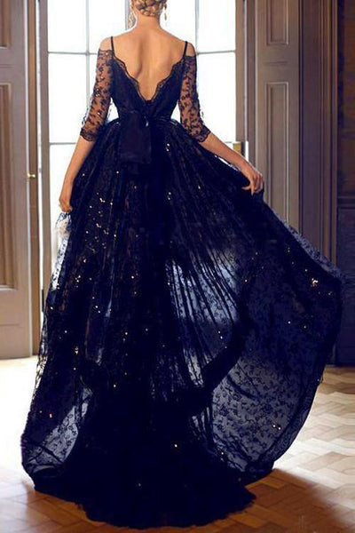 High-low Half Sleeves Lace Prom Dresses Evening Gowns With Straps US8 / Black