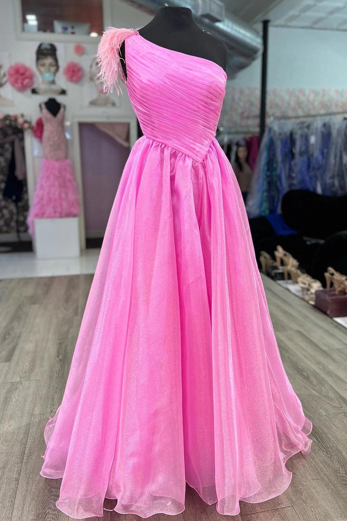 Hot Pink A-line One Shoulder Pleated Long Prom Dress with Feathers TP1214 - Tirdress