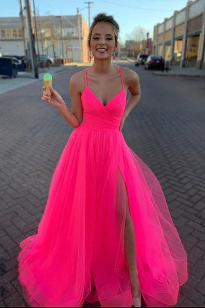 Hot Pink A Line Tulle Prom Dresses Long Formal Dress Dance Dresses Tirdress
