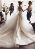 Illusion Jewel Neck Long Sleeves Sweep Wedding Dress With Appliques TN0039 - Tirdress