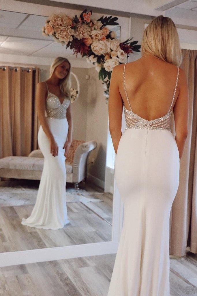 Ivory Mermaid V-Neck Straps Prom Dresses Evening Dresses WIth Beading TP0983 - Tirdress
