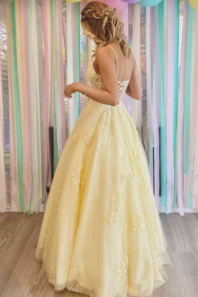 Lace-Up Yellow V-Neck Appliques A-Line Long Prom Dress TP1141 Custom Size / Yellow
