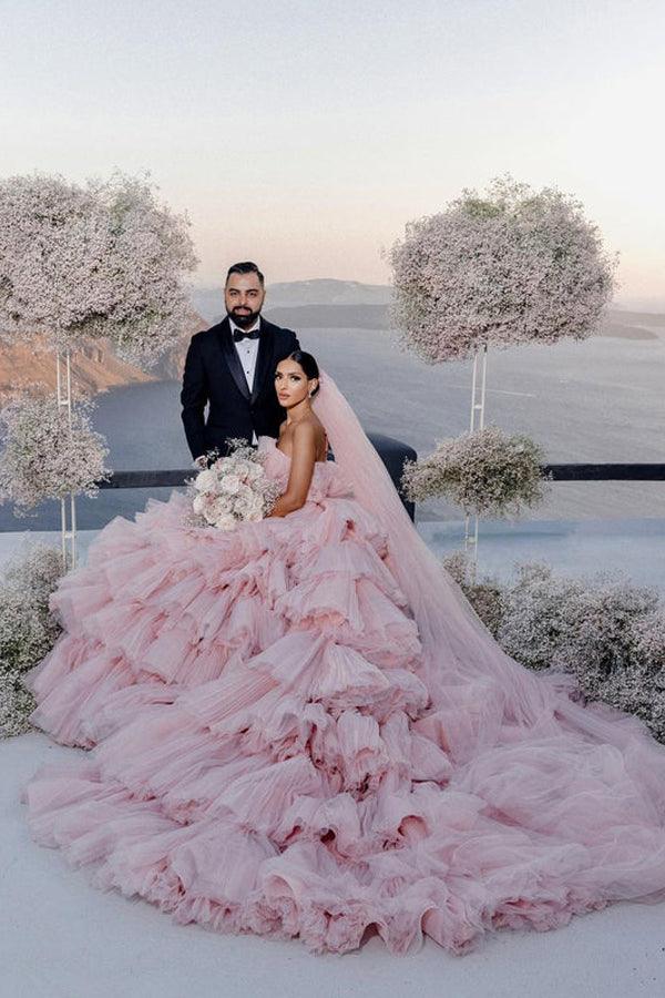 Layers Tulle Ball Gown Wedding Dress Drama Pink Wedding Dress TN333 - Tirdress