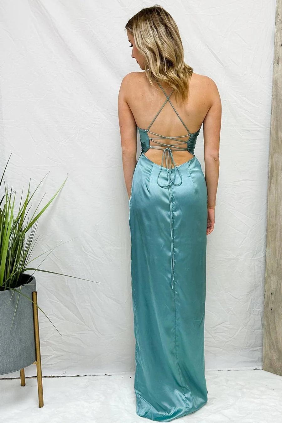 Light Blue Cowl Neck Twist Knot Pleated Long Prom Dress With Slit TP1219 - Tirdress