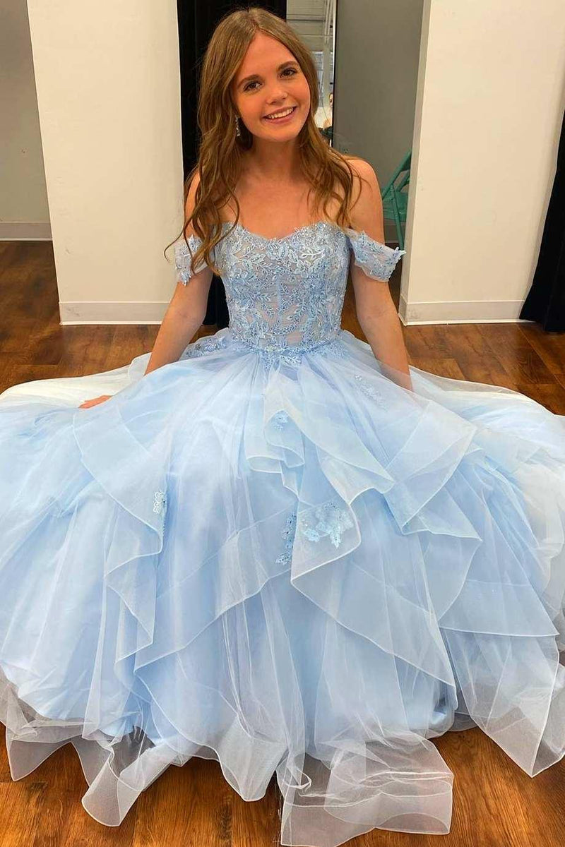 Light Blue Tulle Off-the-Shoulder Tiered A-Line Prom Evening Dress TP1194 - Tirdress