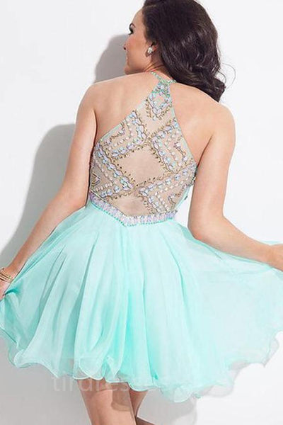 Light Blue Halter Sleeveless Sheer Back Beading Homecoming Dress Custom Color / US4