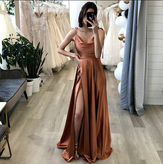 A Line Brown Long Prom Dress With Slit Simple Evening Party Dresses TP1102 - Tirdress