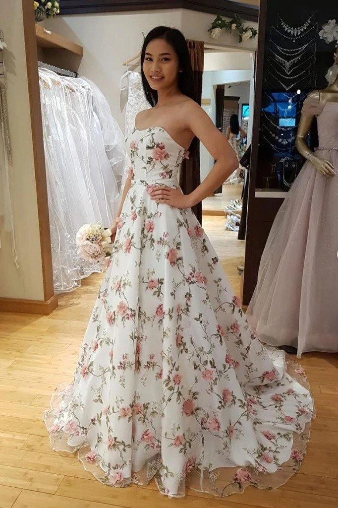 A Line Floral Long Prom Dresses Strapless Beautiful Flower Printed Prom Dress TP0911 - Tirdress
