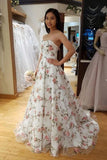 A Line Floral Long Prom Dresses Strapless Beautiful Flower Printed Prom Dress TP0911 - Tirdress