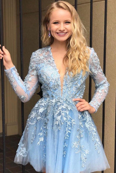 Lace Appliqued Short Blue Homecoming Dress with Long Sleeves HD0076 US0 / Custom Color Lace Appliqued Short Blue Homecoming Dress with Long Sleeves HD0076 US0 / Custom Color