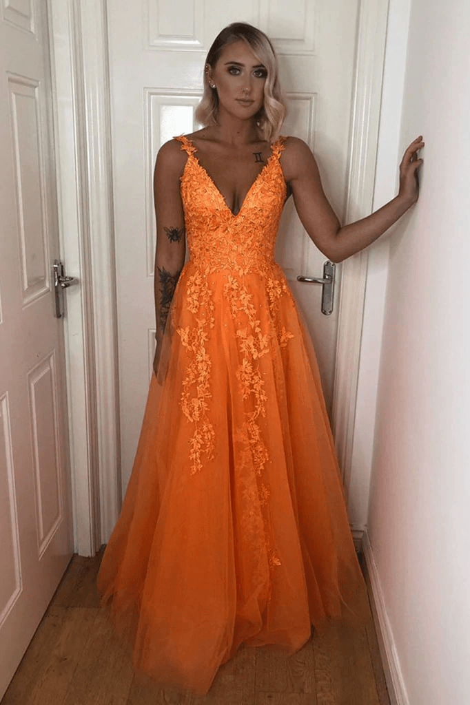A Line V Neck Backless Lace Appliques Orange Prom Dresses, Formal Dresses TP1104 - Tirdress