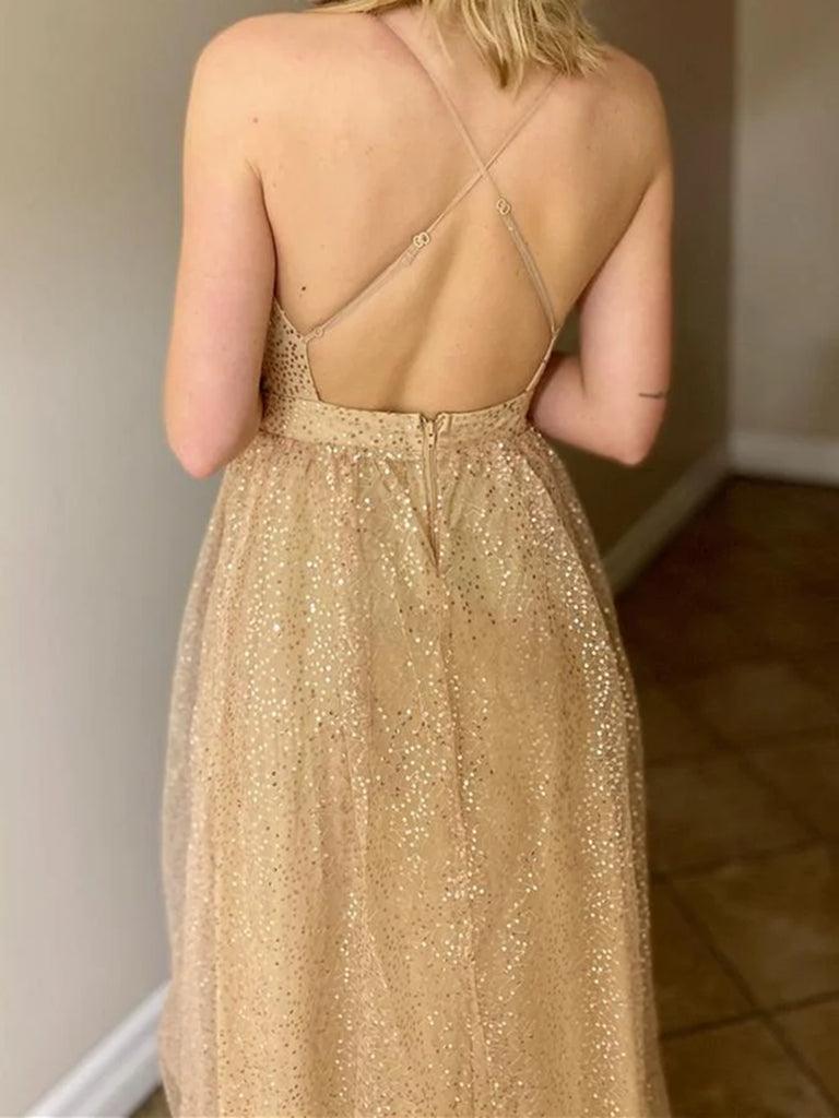 A Line V Neck Light Champagne Lace Prom Dresses, Formal Graduation Dresses TP1101 - Tirdress