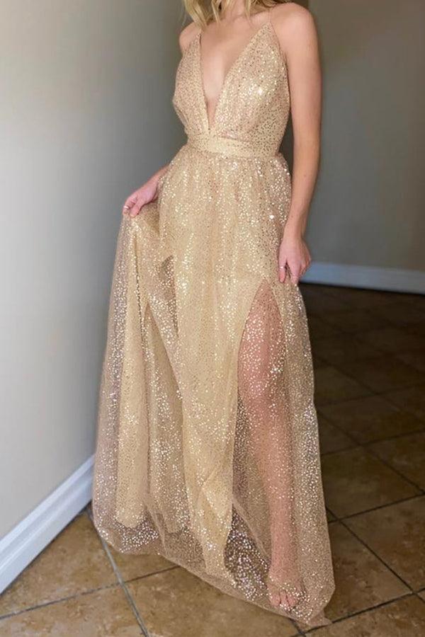 A Line V Neck Light Champagne Lace Prom Dresses, Formal Graduation Dresses TP1101 - Tirdress