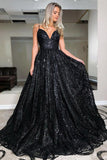Ball-/Abendkleid in A-Linie mit V-Ausschnitt und Spaghettiträgern in Schwarz mit Pailletten TP0989