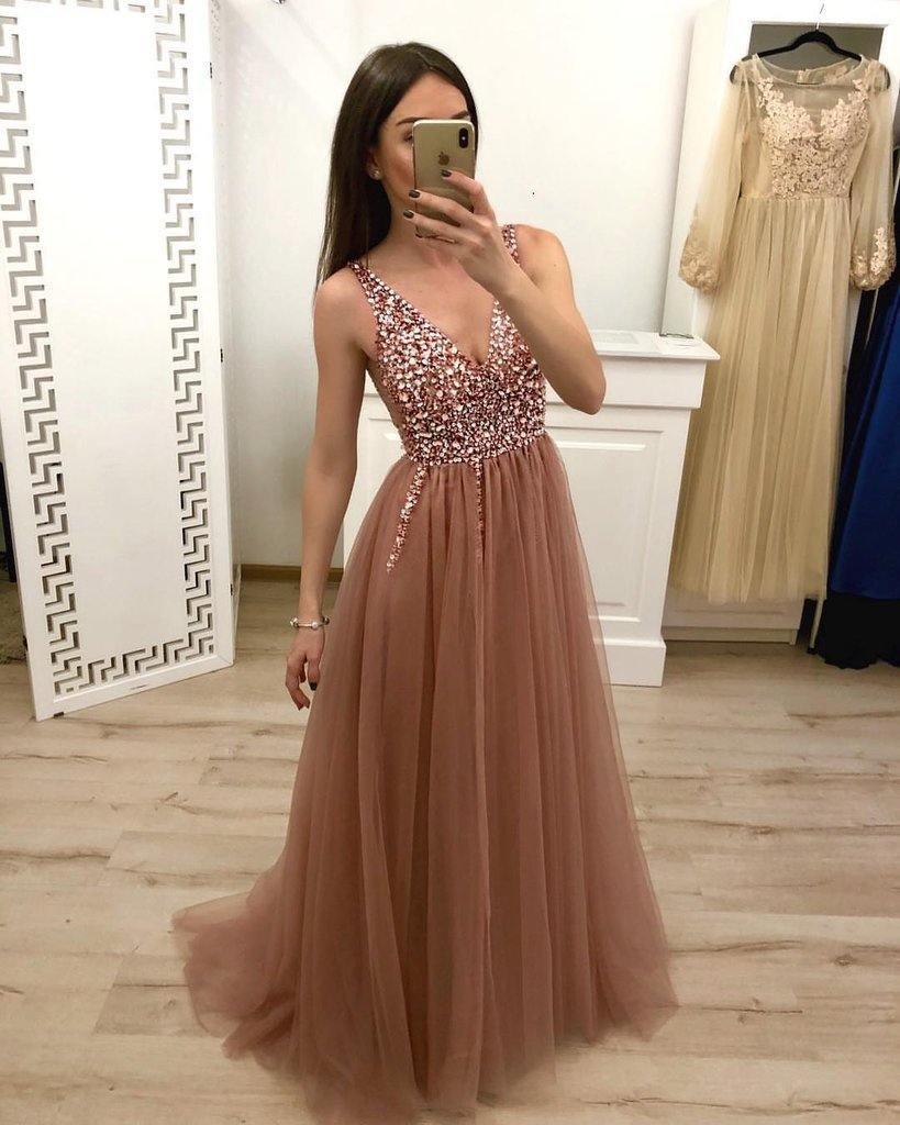 A Line V Neck Tulle Long Beaded Prom Dress Evening Gown TP0182 - Tirdress
