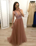 A Line V Neck Tulle Long Beaded Prom Dress Evening Gown TP0182 - Tirdress