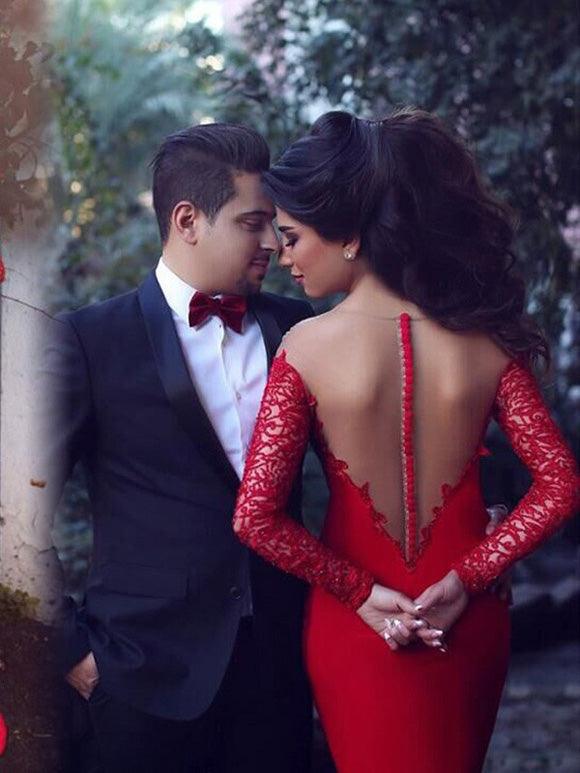 Long Lace Sleeves Illusion Back Red Mermaid Prom Dress With Lace TR0073 - Tirdress