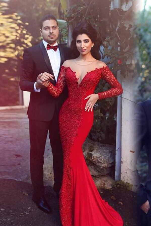 Long Lace Sleeves Illusion Back Red Mermaid Prom Dress With Lace TR0073 - Tirdress