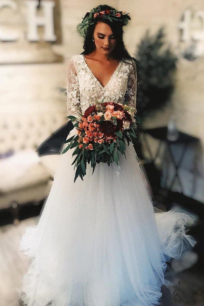 Long Sleeve Lace Tulle V Neck Boho Beach ,Rustic Bridal Dress TN166 US10 / As Picture