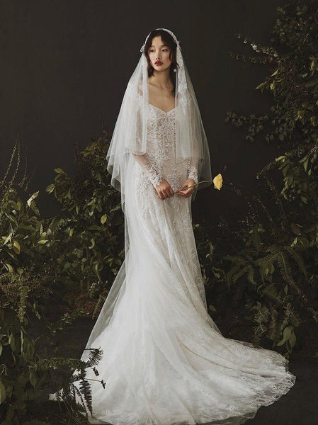 Long Sleeves Sheath Wedding Dresses Lace Appliqued Gowns TN236 US2 / White