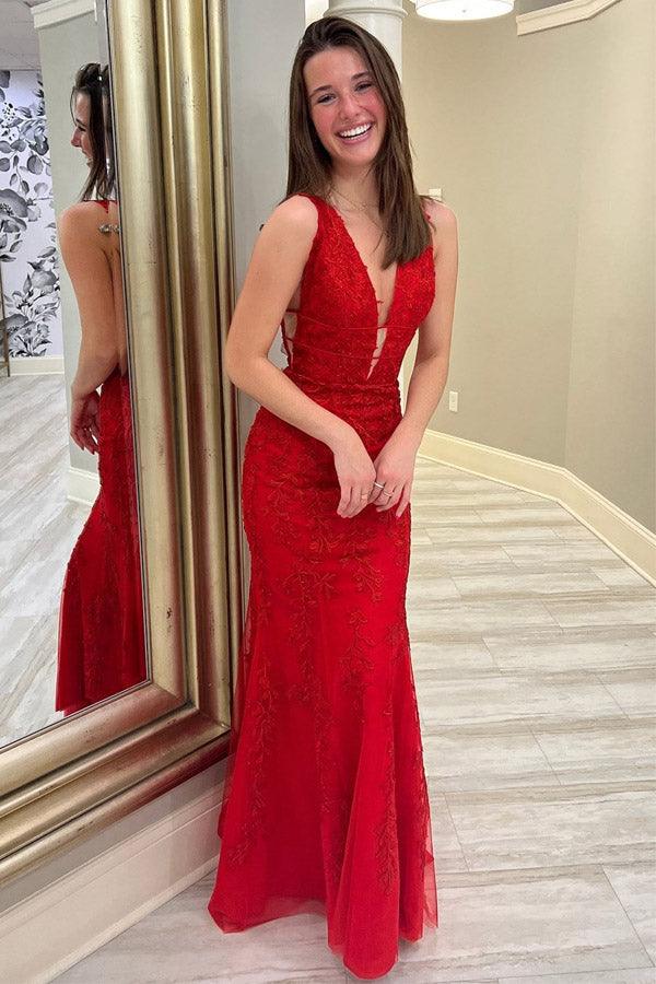 Mermaid Deep V Neck Red Lace Long Prom Dress Formal Dress TP1157 - Tirdress