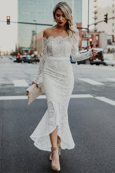 long sleeve high low wedding dress Mermaid Off Shoulder Long Sleeves High Low Beach Wedding Dress TN225 US16 / Ivory/Champagne