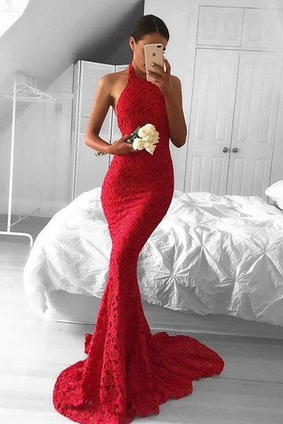 Mermaid Red Lace Halter Backless Sweep Train Prom Dress – Tirdress