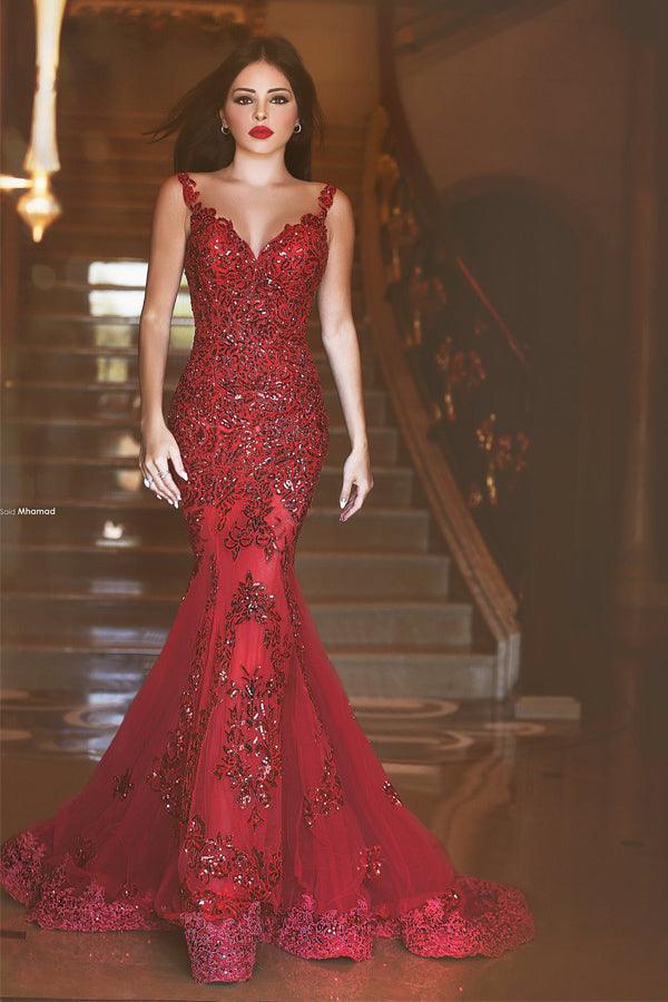 Mermaid Straps Sweep Train Red Tulle Prom Dress With Appliques TP0097 - Tirdress