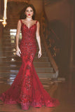Mermaid Straps Sweep Train Burgundy Prom Dress With Appliques TP0097