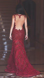 Mermaid Straps Sweep Train Red Tulle Prom Dress With Appliques TP0097 - Tirdress