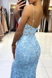 Mermaid V Neck Backless Blue Lace Long Prom Evening Dress TP1212 - Tirdress