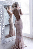 Mermaid Bateau Pink Sequined Sweep Train Open Back Prom Dress TP0093