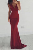 Mermaid Deep V-Neck Backless Burgundy Satin Prom Dress PG437 - Tirdress